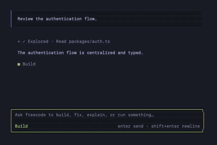 Example freecode CLI session reviewing an authentication flow